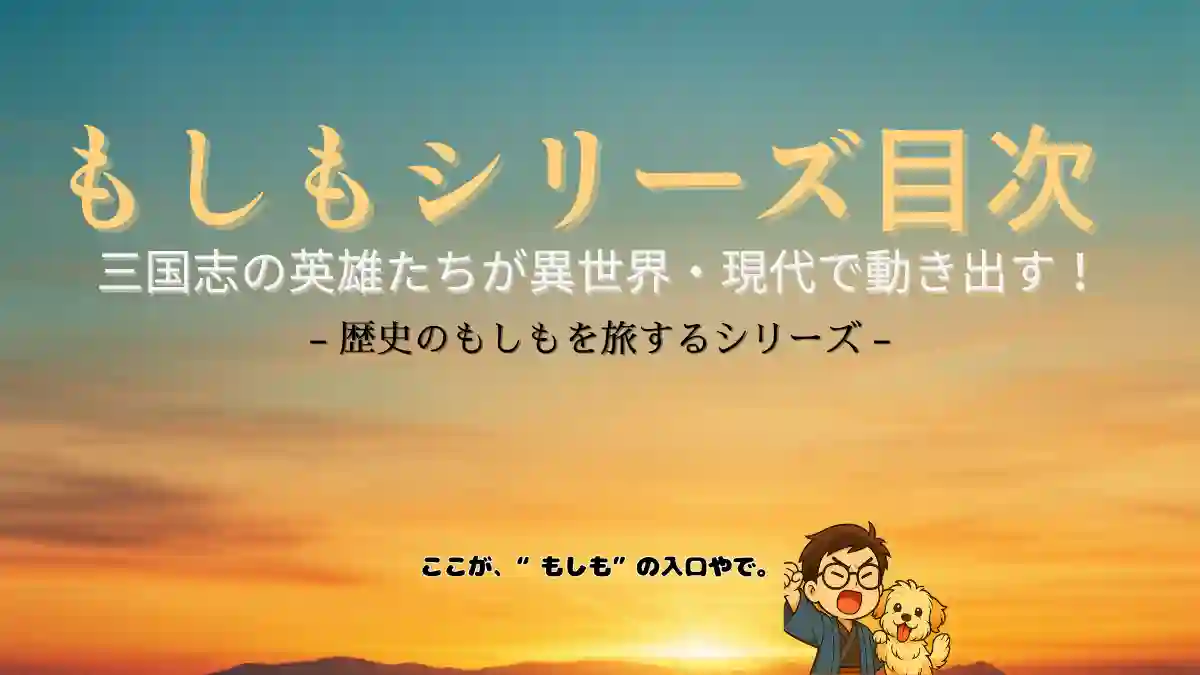 三国志の英雄たちが異世界と現代で動き出す「もしもシリーズ」目次ページのタイトル画像。夜明けの空と地平線を背景に、金と白の文字でデザインされたカバー。