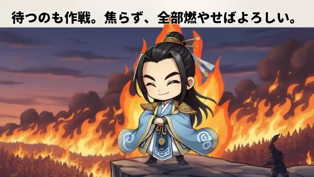 戦場全体を見下ろす高台に立つ、ちびキャラの青年将軍・陸遜。穏やかに微笑んでいるが、背後では激しい炎が上がり、遠くの敵軍が逃げ惑う様子が見える。画像内には『待つのも作戦。焦らず、全部燃やせばよろしい。』というテキストが配置されている。漫画風2Dアニメ調のイラスト。