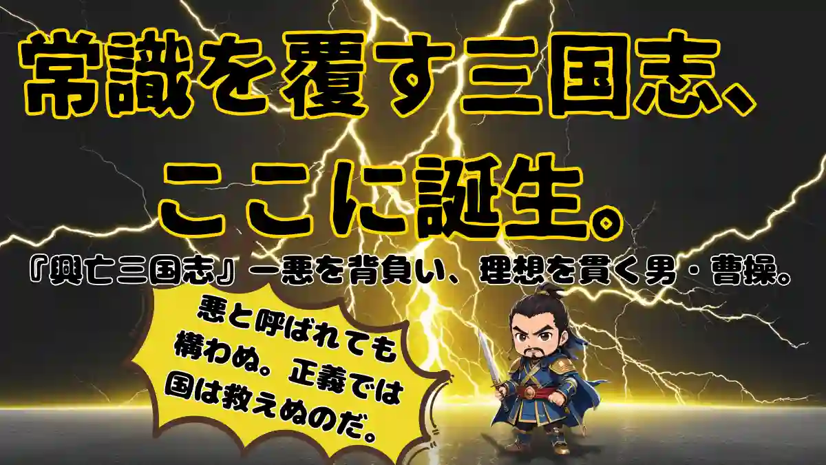 稲妻が走る夜空に、曹操が剣と筆を交差して立つアイキャッチ。『常識を覆す三国志』の文字と、曹操の決意のセリフ入り。
