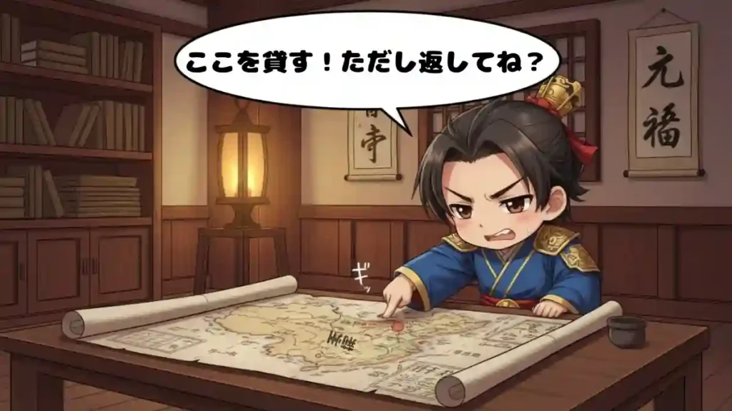 三国志の魯粛（ちびキャラ）が、卓上に広げられた地図の「荊州」と書かれたところを指差している場面。魯粛は青い衣装で、眉を下げて少し困ったような表情をしている。セリフの吹き出しに『ここを貸す！ただし返してね？』と書かれており、指差し部分には『ギ』という効果音が添えられている。背景には書棚やランプが見える。漫画・アニメ風の2Dイラスト。