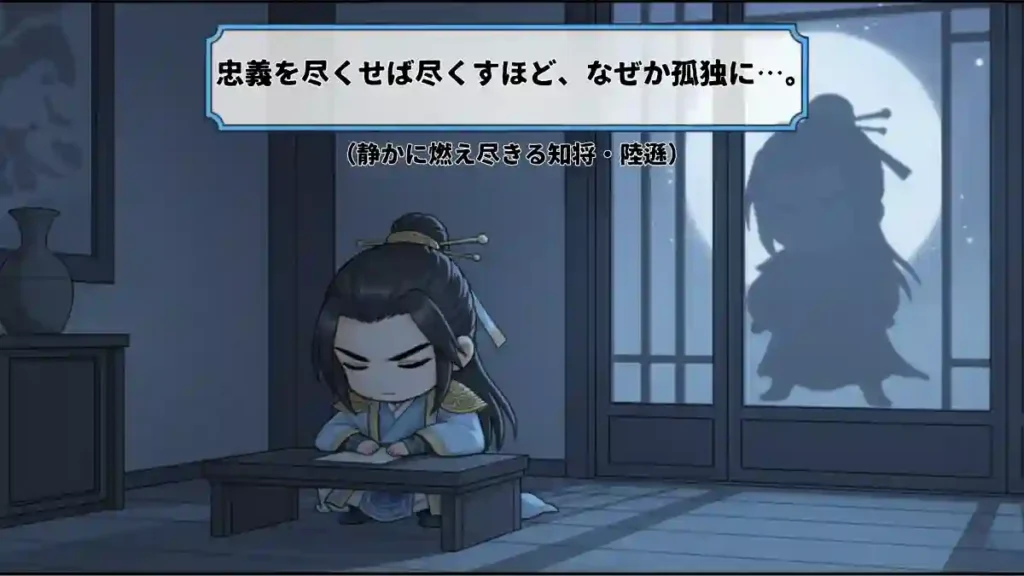 青みがかった静寂な部屋で、机に向かい手紙を握りしめて俯くちびキャラの陸遜。彼の背後の障子には、怒った姿勢のちびキャラ孫権の影が大きく浮かんでいる。月明かりが差し込み、孤独でドラマチックな雰囲気。画像内には『忠義を尽くせば尽くすほど、なぜか孤独に…。』という吹き出しと、『（静かに燃え尽きる知将・陸遜）』のキャプション。漫画風ちびキャラ、2Dアニメ調。