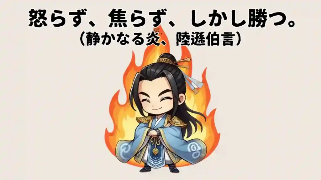 優しそうな笑顔で目を細めている青年将軍（陸遜伯言）のちびキャラ。青い甲冑をまとい、剣を持って、静かに燃える炎のシルエットを背にしている。画像内には『怒らず、焦らず、しかし勝つ。』というテキストが描かれている。漫画風2Dアニメ調のイラスト。