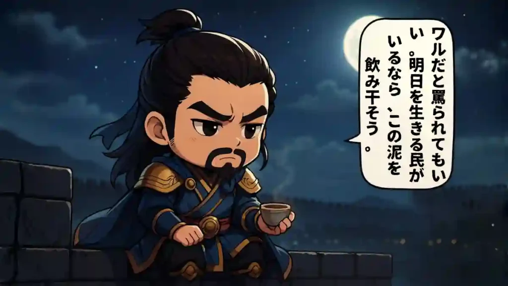 夜空に満月が浮かぶ中、ちびキャラ風の曹操が城壁に座り、杯を手に物思いにふけるイラスト。青と金の鎧をまとい、真剣な表情で遠くを見つめる。吹き出しには『ワルだと罵られてもいい。明日を生きる民がいるなら、この泥を飲み干そう。』と書かれている。