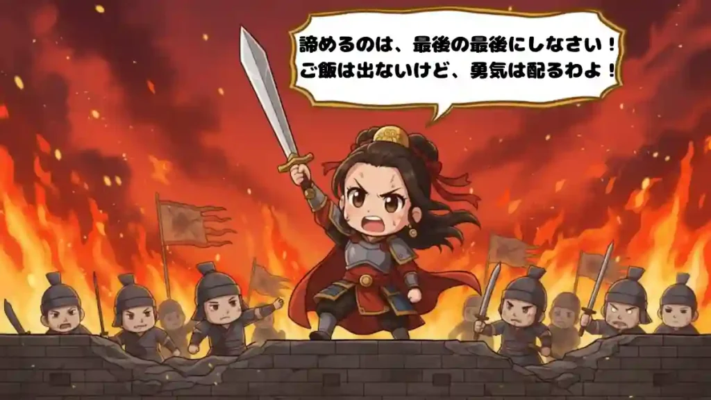 ちびキャラ化された三国志の王異(おうい)が、夕焼けと炎に照らされた冀城の城壁の上で、剣を天に掲げている様子を描いた漫画風の2Dアニメイラスト。王異は真ん中に立ち、周囲の兵士たちは疲弊しながらも彼女を見上げている。背景には馬超軍の旗と燃え上がる城下が見える。「諦めるのは、最後の最後にしなさい!ご飯は出ないけど、勇気は配るわよ!」というセリフがポップなフォントの吹き出しに入っている。熱気と絶望の中の希望を演出したシーン。