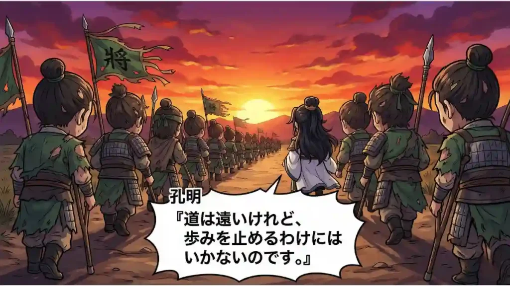 夕焼けに染まる荒野を、傷ついた鎧で歩き続ける蜀軍のちびキャラ兵士たちの後ろ姿を描いた漫画風イラスト。隊列の中央には同じく後ろ姿の孔明がおり、その背中に「道は遠いけれど、歩みを止めるわけにはいかないのです。」という決意のセリフが入った吹き出しが重なっている。困難な道程でも前へ進む彼らの姿が表現されている。