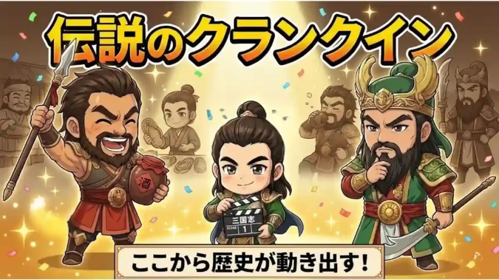 三国志の劉備・関羽・張飛が映画のクランクインをする様子を描いたちびキャラ風イラスト。中央でカチンコを持つ劉備、両脇でポーズを決める張飛と関羽。背景には平凡な過去のシルエット、手前には輝く未来のスポットライトと「伝説のクランクイン」「ここから歴史が動き出す！」の文字がある、2Dアニメ調の画像。
