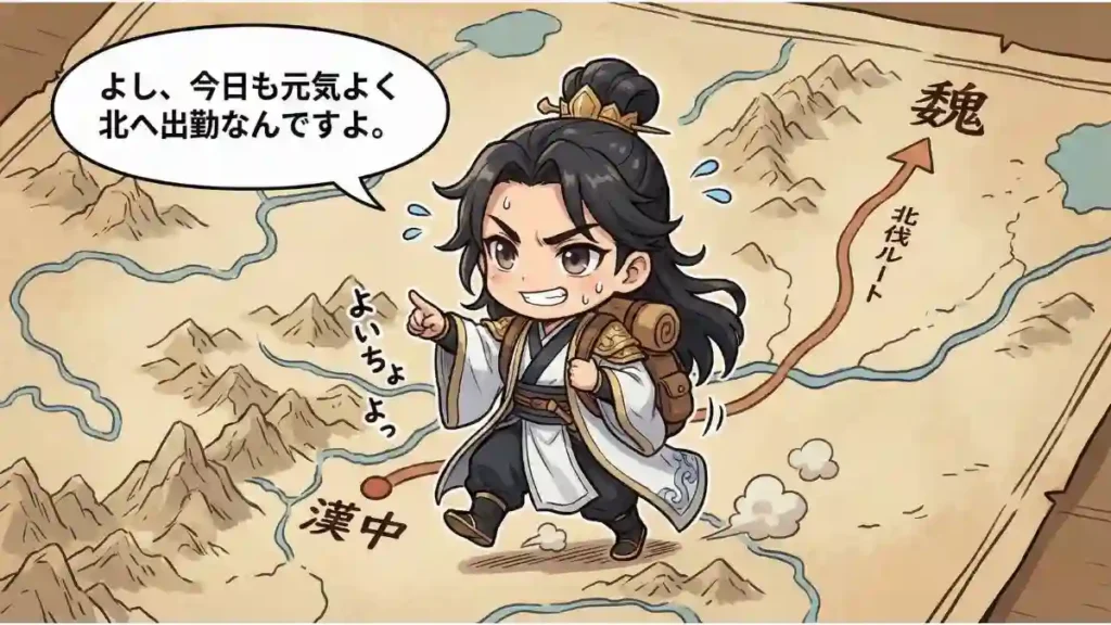 三国志の諸葛亮孔明がリュックを背負い、汗をかきながら漢中の地図の上を魏に向かって歩いている漫画風イラスト。吹き出しには「よし、今日も元気よく北へ出勤なんですよ。」と書かれており、北伐の様子をコミカルに表現している。