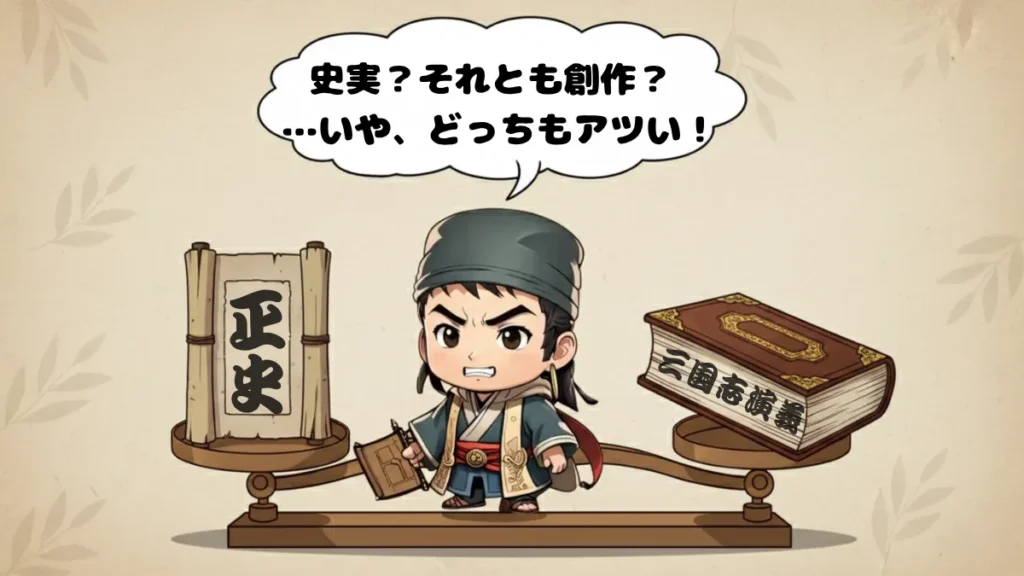 「三国志の正史(史実)と演義(創作)の違いをテーマにしたイラスト。ちびキャラの賈詡が中央におり、片方に『正史 三国志』、もう片方に分厚い『三国志演義』の本が置かれた天秤が、演義側に傾いている。吹き出しには『史実?それとも創作? …いや、どっちもアツい!』と書かれている。」
