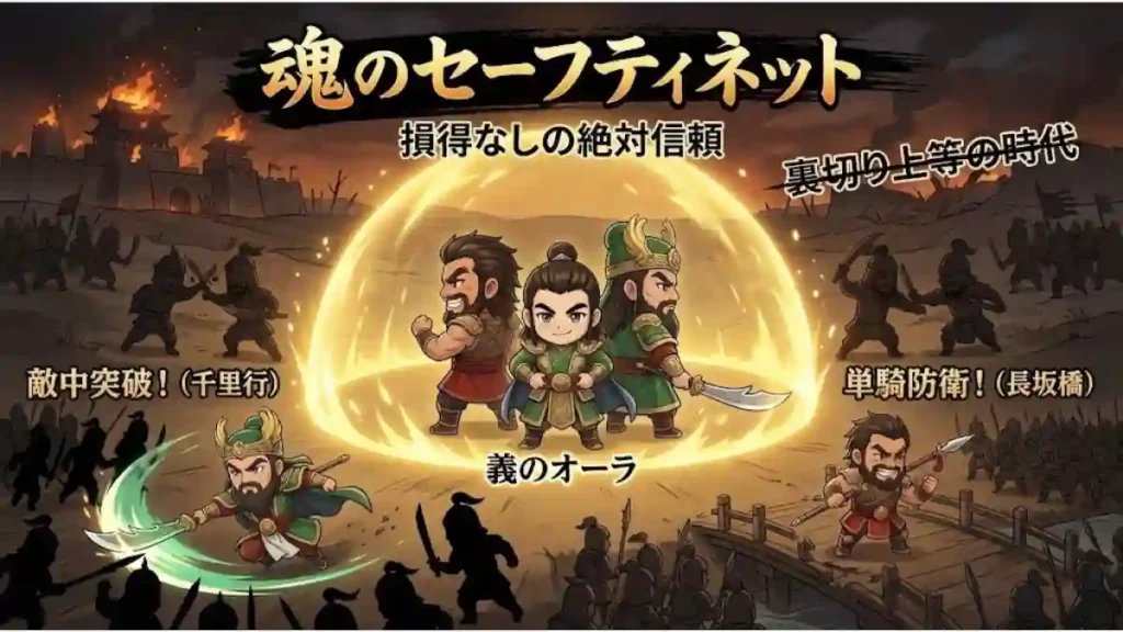 三国志の劉備・関羽・張飛の「義」をテーマにしたインフォグラフィック。中央で三人が「義のオーラ」の結界に守られ、「魂のセーフティネット」「損得なしの絶対信頼」の絆が示される。背景は戦乱の「裏切り上等の時代」。左右には関羽の千里行と張飛の長坂橋の奮戦エピソードが描かれ、彼らの英雄的行動の源泉が「義」であることを伝えている。