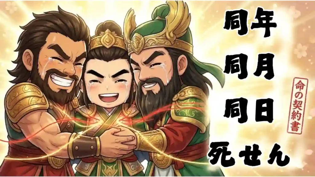 涙を流して抱き合う劉備・関羽・張飛のちびキャラ。3人の胸は赤い光の糸で繋がり、魂の絆を表現。背景は輝く金色の光と桜。右側に誓いの名言「同年同月同日に死せん」の筆文字と「命の契約書」のスタンプが配置された、桃園の誓いの感動的なインフォグラフィック。