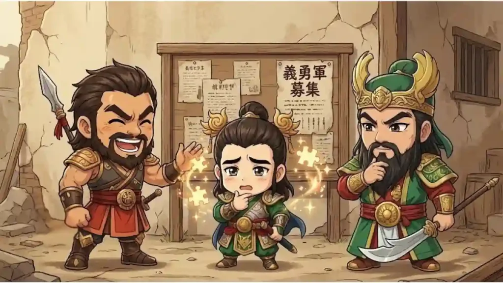 荒れた街角の掲示板の前で出会う、三国志の劉備・関羽・張飛のちびキャラ。中央で悩む劉備に対し、豪快に笑う張飛と髭を撫でる関羽が左右に並ぶ。3人の間にはパズルのピースと光が輝き、互いの欠けた部分を補い合う運命的なチーム結成の瞬間を象徴的に表現した2Dアニメ調イラスト。