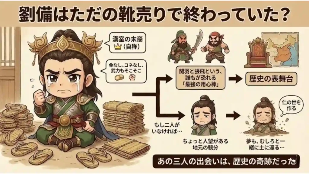 劉備の人生の分岐点を示す図解。泣きながら草履を売る劉備が、関羽・張飛と出会い「歴史の表舞台（玉座と地図）」へ進むルートと、出会わずに「土に還る」ルートを対比。低ステータスな彼にとって三人の出会いが歴史の奇跡だったことを、温かみのある2Dアニメ調のちびキャラで表現している。