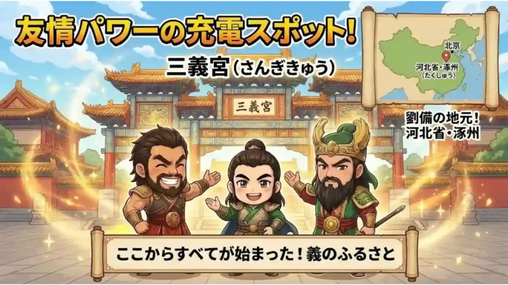 「友情パワーの充電スポット！」として河北省涿州の史跡「三義宮」を紹介する観光ガイド風インフォグラフィック。三義宮の門を背景に、劉備・関羽・張飛が笑顔で案内している。涿州の位置を示す地図や「義のふるさと」の文字が配置され、全体が温かい光に包まれた親しみやすいパワースポットとして描かれている。