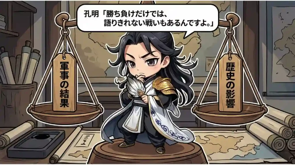 諸葛亮のちびキャラが、天秤の中央で思案している漫画風イラスト。天秤の左皿には「軍事の結果」、右皿には「歴史の影響」と書かれた札が下がっている。諸葛亮の頭上には、「孔明『勝ち負けだけでは、語りきれない戦いもあるんですよ。』」というセリフの吹き出しがある。