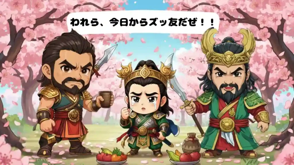 三国志の桃園の誓いのイラスト。漫画風ちびキャラの劉備・関羽・張飛が桃の花の下で義兄弟の契りを交わし、『われら、今日からズッ友だぜ！！』と書かれた吹き出しがある。