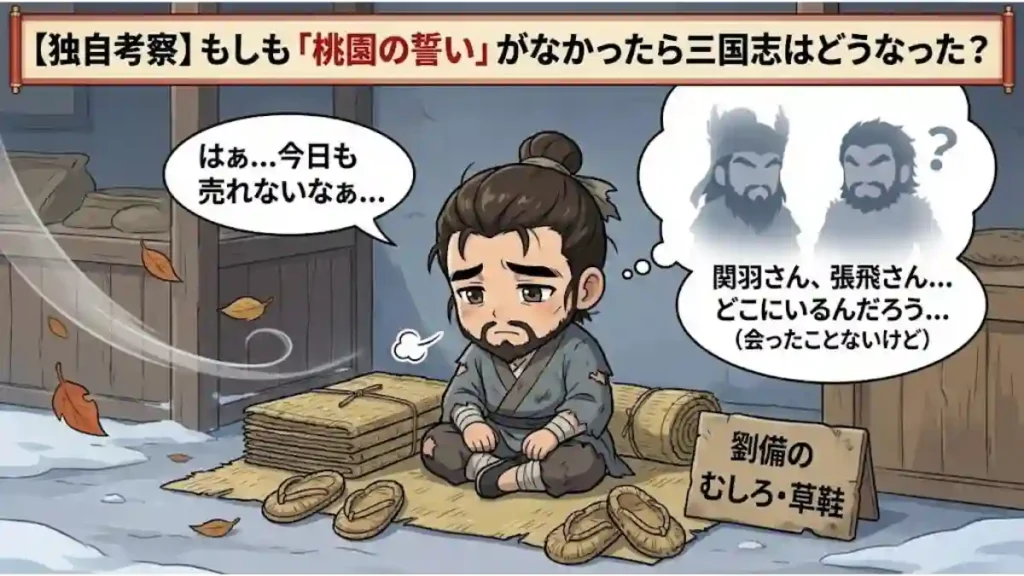 「もしも桃園の誓いがなかったら三国志はどうなった？」を解説する独自考察イラスト。関羽・張飛と出会えず、一人寒空の下で寂しくむしろや草鞋を売り続ける劉備の姿を描き、歴史のIFストーリーを表現しています。
