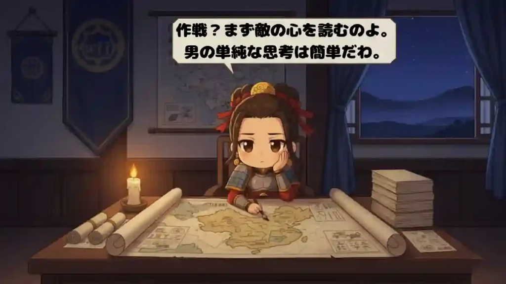 ちびキャラ化された三国志の王異(おうい)が、蝋燭の灯りが揺れる夜の戦略室で、机に広げた地図を前に頬杖をつきながら、落ち着いた表情で思案している様子を描いた漫画風の2Dアニメイラスト。背景は深い藍色と金の光で、知的で静かな緊張感を演出している。「作戦?まず敵の心を読むのよ。男の単純な思考は簡単だわ。」というセリフが、上品なフォントの吹き出しに入っている。