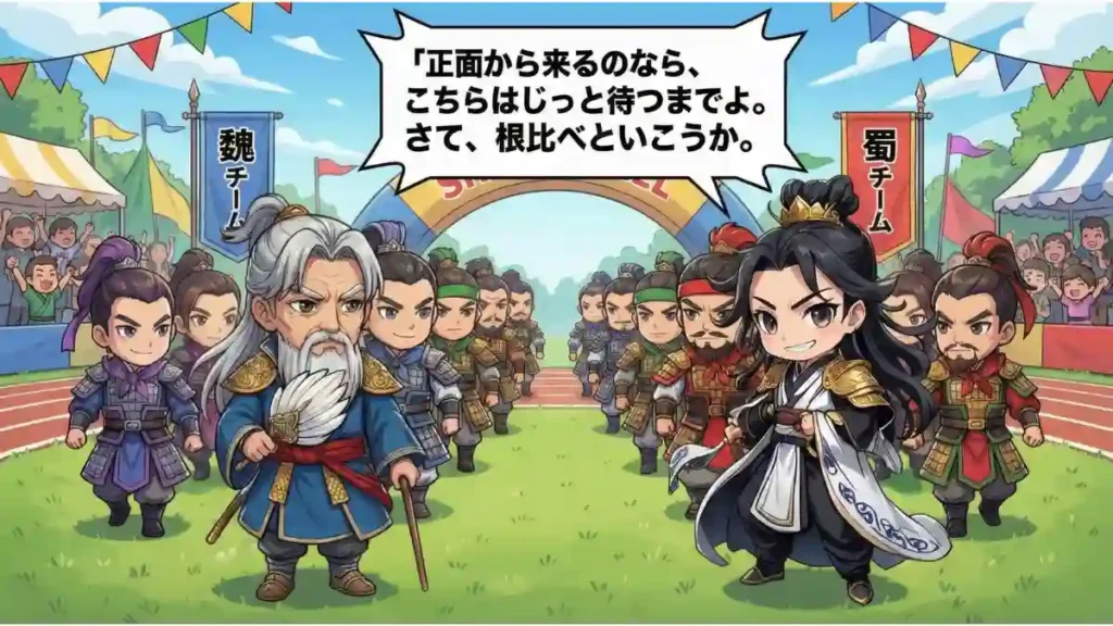 運動会の入場行進で、蜀と魏のちびキャラ武将たちが対峙している漫画風イラスト。左側の司馬懿率いる魏チームと、右側の諸葛亮率いる蜀チームがトラックに向かい合って行進。司馬懿の吹き出しに「正面から来るのなら、こちらはじっと待つまでよ。さて、根比べといこうか。」というセリフが書かれている。背景には観客や旗があり、賑やかな雰囲気が漂う。