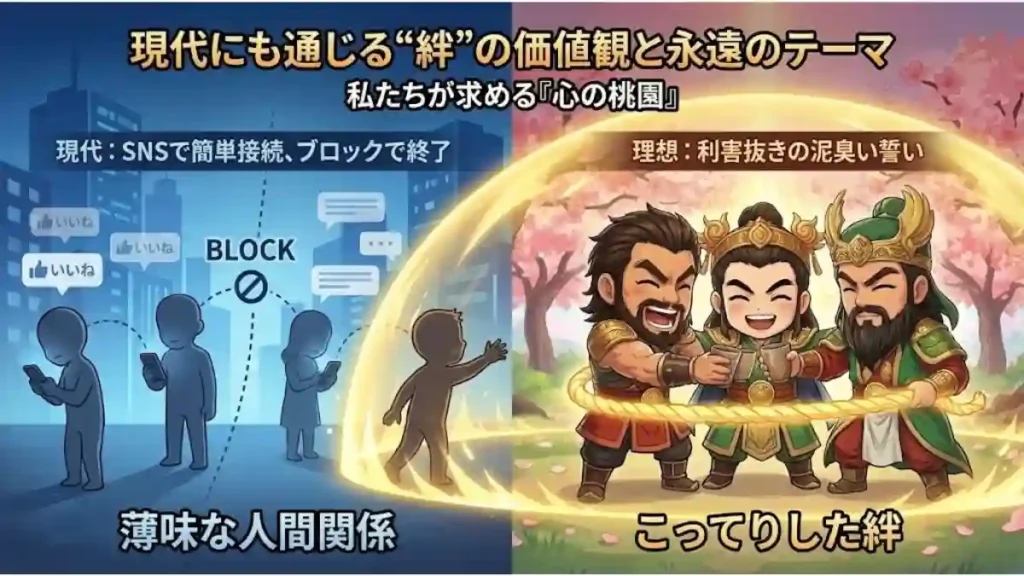 現代のSNSによる「薄味な人間関係」と、三国志の劉備・関羽・張飛が桃園で結んだ「こってりした絆」を対比したインフォグラフィック。冷たいデジタル社会で「BLOCK」に直面する人々が、温かい光に包まれた理想の「心の桃園」と、利害を超えた強固な絆の価値観に憧れ、手を伸ばす様子が描かれている。