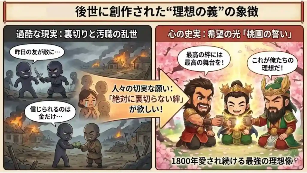 後世に創作された「桃園の誓い」の背景を解説する図解。左側は裏切りが横行する過酷な乱世の現実。そこから「裏切らない絆が欲しい」という人々の切実な願いが生んだ希望の光として、右側に劉備・関羽・張飛が誓いを結ぶ美しい姿を描写。1800年愛される理想の義の象徴を表現しています。