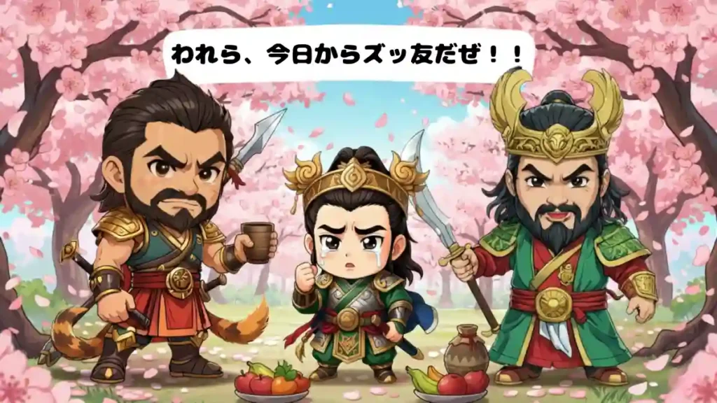 三国志の桃園の誓いのイラスト。漫画風ちびキャラの劉備・関羽・張飛が桃の花の下で義兄弟の契りを交わし、『われら、今日からズッ友だぜ!!』と書かれた吹き出しがある。