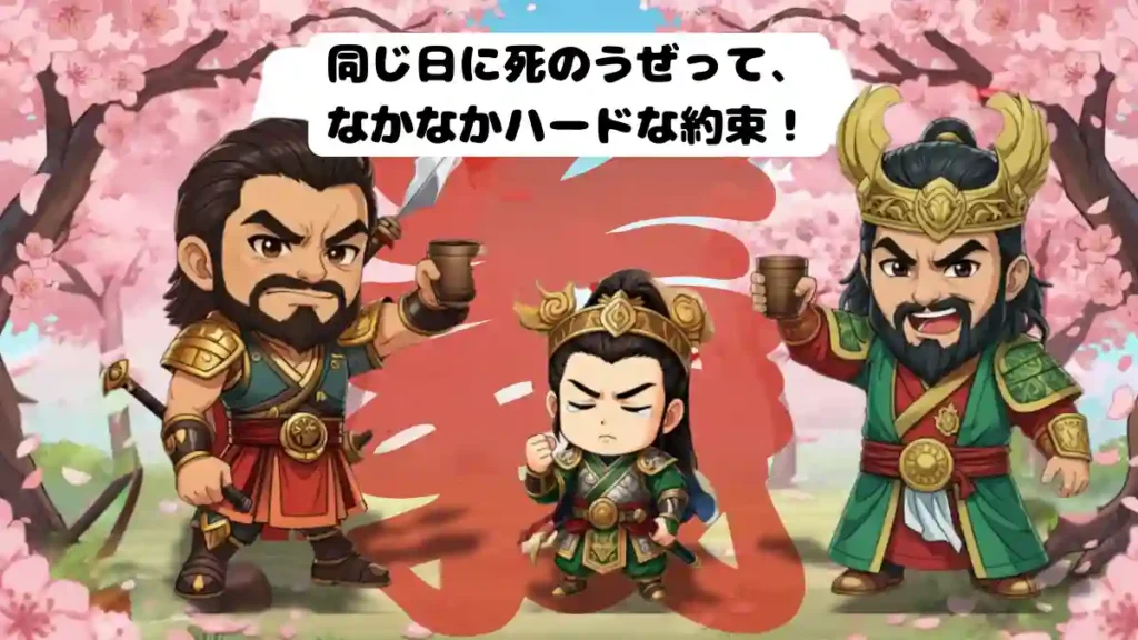 三国志の桃園の誓いのイラスト。漫画風ちびキャラの劉備・関羽・張飛が誓いの盃を掲げ、背景に『義』の文字が力強くデザインされている。吹き出しには『同じ日に死のうぜって、なかなかハードな約束!』と書かれている。