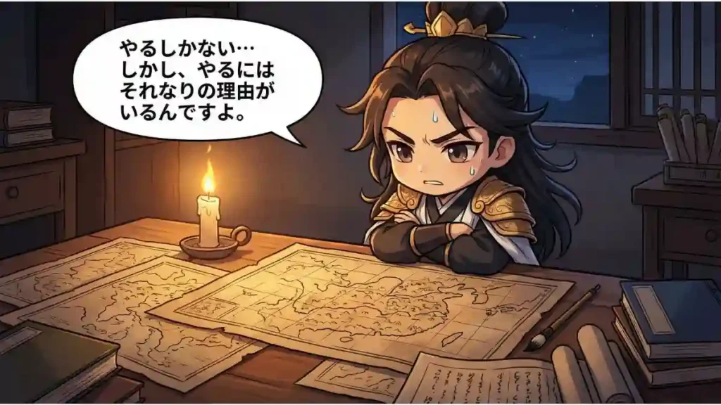 三国志の諸葛亮孔明のちびキャラが、夜、ロウソクの明かりの下で机いっぱいに広げた地図を前に、腕組みをして深刻な表情で悩んでいる漫画風イラスト。吹き出しには「やるしかない…しかし、やるにはそれなりの理由がいるんですよ。」と書かれている。