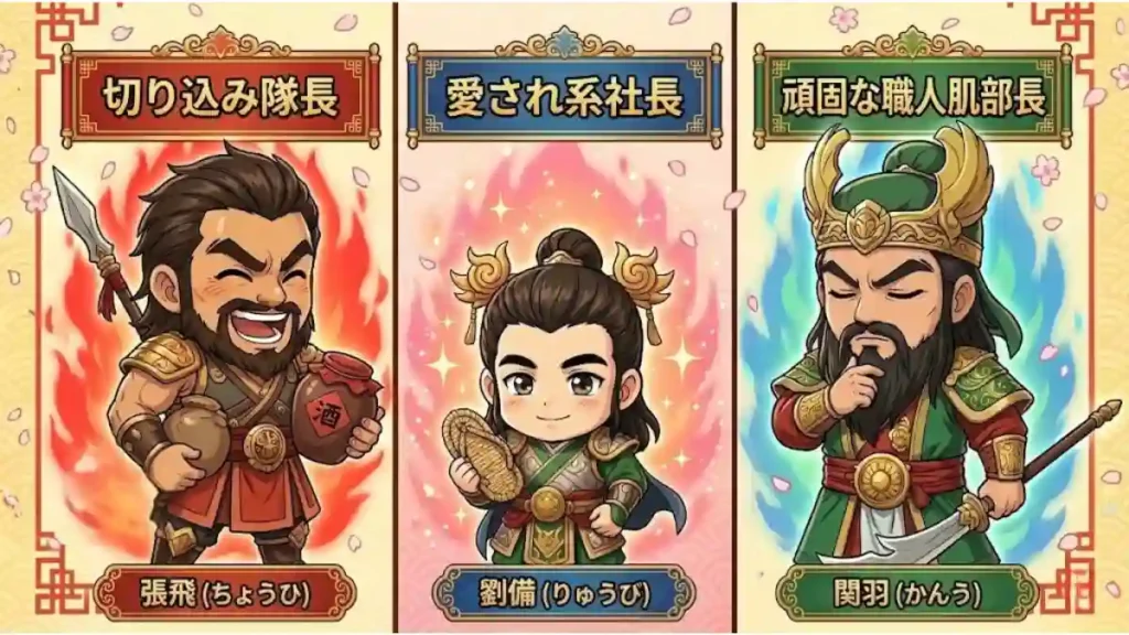 三国志のちびキャラ3人が並ぶキャラクター紹介風イラスト。左に「切り込み隊長」の張飛、中央に「愛され系社長」の劉備、右に「頑固な職人肌部長」の関羽を配置。各キャラの頭上に現代風の肩書き、足元に名前が表示され、それぞれの性格を表すポーズとオーラが描かれた、ブログ記事用インフォグラフィック。