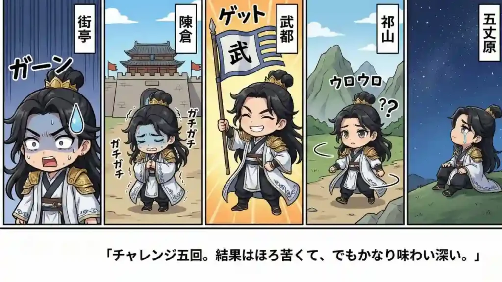 三国志の諸葛亮孔明のちびキャラによる五つのコマ漫画イラスト。左から「街亭でガーン」「陳倉でガチガチ」「武都ゲット」「祁山でウロウロ」「五丈原で星を見る」と五回の北伐の様子がコミカルに描かれ、下のナレーション枠に「チャレンジ五回。結果はほろ苦くて、でもかなり味わい深い。」というテキストが添えられている