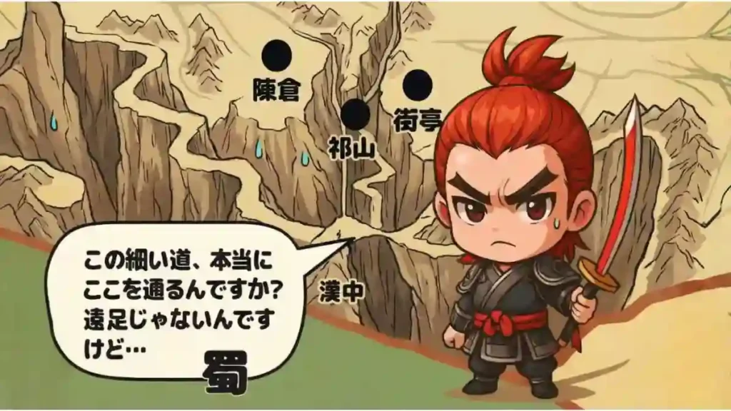 三国志の魏延のちびキャラが、険しい山岳地帯の地図を背景に立っている漫画風イラスト。「蜀」「漢中」「祁山」「街亭」「陳倉」を結ぶ道が非常に細く険しく描かれ、魏延は汗をかきながら「この細い道、本当にここを通るんですか?遠足じゃないんですけど…」と吹き出しで不満を漏らしている。