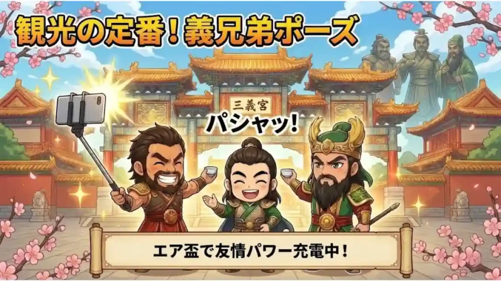 春の史跡・三義宮を背景に、劉備・関羽・張飛のちびキャラが自撮り棒で記念撮影をする観光案内風イラスト。満開の桃の花の下、三人は楽しげに「エア盃」を掲げる「義兄弟ポーズ」を決めている。テキストには「観光の定番！義兄弟ポーズ」「エア盃で友情パワー充電中！」と記され、史跡での楽しい体験を伝えている。