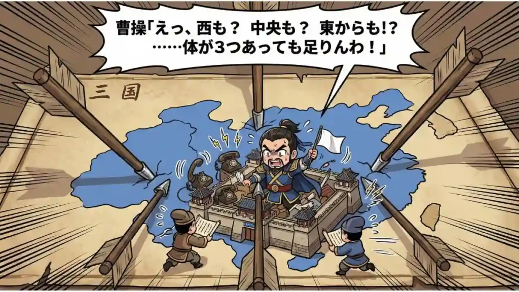 三国志の地図の上に築かれた城の中で、四方八方から巨大な矢が突き刺さり、複数の電話が鳴り響く危機的状況に、曹操が汗だくでパニックになり白旗を振っているイラスト。吹き出しには「曹操『えっ、西も? 中央も? 東からも!? ……体が3つあっても足りんわ!』」と書かれている。