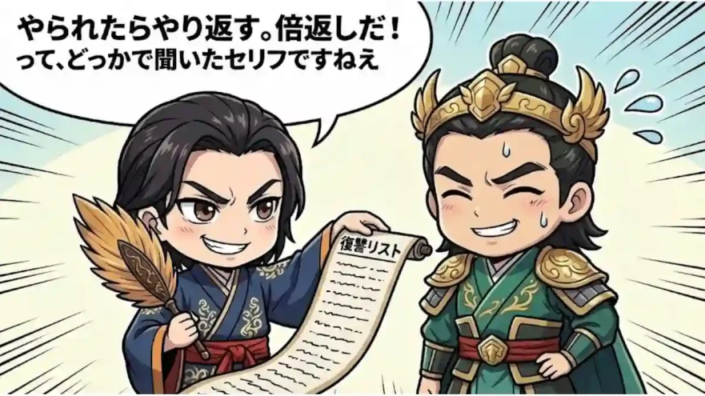 漫画風のちびキャラ法正と劉備。ニヤリと笑う法正が「復讐リスト」と書かれた巻物を広げ、「やられたらやり返す。倍返しだ!」と発言している。その隣で、緑の鎧を着た劉備が冷や汗をかいて引き気味に苦笑いしている様子。法正の執念深さと、それに困惑する劉備の関係性をコミカルに描いたイラスト。