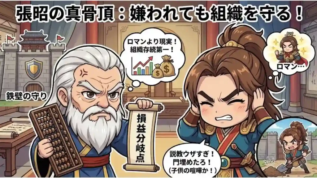 張昭の真骨頂を描いたインフォグラフィック。左の張昭は算盤と「損益分岐点」の巻物を持ち、「ロマンより現実!組織存続第一!」と主張。「鉄壁の守り」で組織を守る姿勢を示す。右の孫権は耳を塞ぎ、「ロマン…」と反発。右下では孫権が「説教ウザすぎ!門埋めたろ!」と子供のような行動をとる様子がコミカルに描かれている。