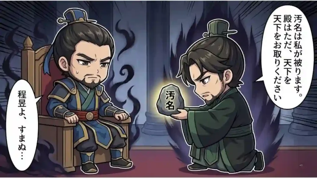 「汚名」と刻まれた石を捧げ持ち、主君のために悪名を背負う覚悟を告げる程昱と、苦渋の表情で謝る曹操。程昱の背後の暗いオーラは、汚れ役を厭わない冷徹な忠義を象徴。「共犯者」としての二人の絆と、程昱の剛胆なメンタルを漫画風に描いたイラスト。