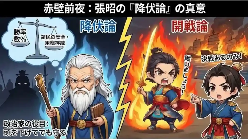 赤壁前夜の張昭「降伏論」と周瑜・魯粛「開戦論」の対立を示すインフォグラフィック。左の張昭は勝率と領民の安全を天秤にかけ、冷静に降伏を主張。右の周瑜と魯粛は炎を背景に「戦いましょう!」「決戦あるのみ!」と開戦を叫ぶ。中央の雷が両者の衝突を表し、下部には「政治家の役目:頭を下げてでも守る」と張昭の真意が記されている。