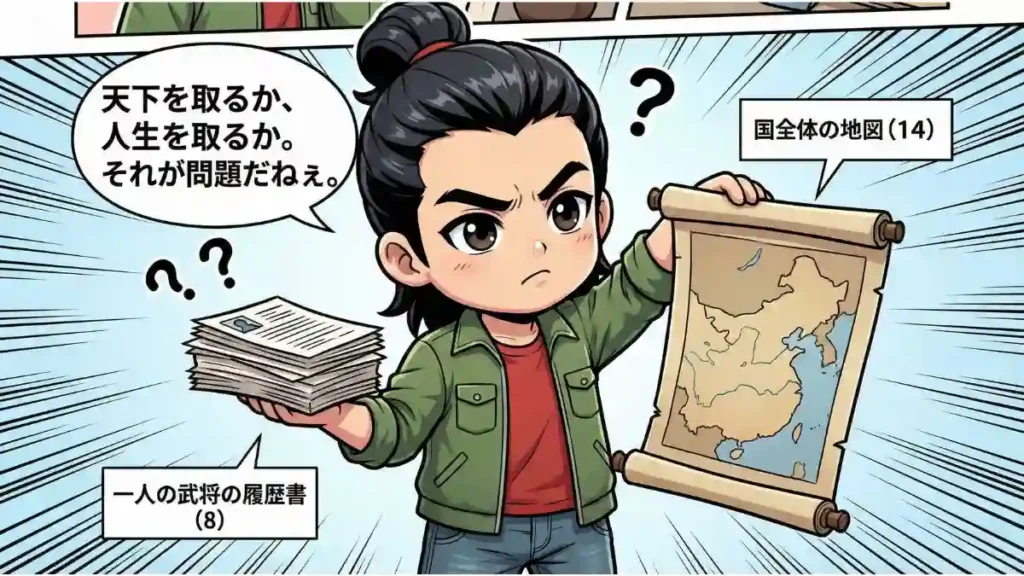 現代服を着た可愛いちびキャラの劉備が、右手に『三國志14』を象徴する「中国大陸の地図」、左手に『8リメイク』を象徴する「武将の履歴書」を持ち、天秤にかけて悩んでいる漫画風イラストです。吹き出しには「天下を取るか、人生を取るか。それが問題だねぇ。」とあり、戦略重視か人生ドラマ重視かで迷うプレイヤーの心情を代弁しています。