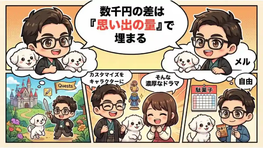 たかとマルプーのめるが登場する漫画風ちびキャライラスト。吹き出しには「数千円の差は『思い出の量』で埋まる」とあり、下のコマではゲームの世界で「濃厚なドラマ」や「自由」を体験し、駄菓子の日割り計算でワクワクする様子が描かれている。後悔せずフルコースを楽しむことの価値を説く内容。