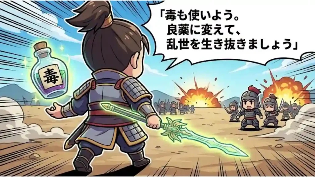 漫画風のちびキャラ武将が、「毒」と書かれた瓶から光る剣を生み出し、戦場へ向かう後ろ姿のイラスト。吹き出しには「毒も使いよう。良薬に変えて、乱世を生き抜きましょう」というセリフがあり、記事のテーマである「自分の短所(毒)を武器に変えて乱世を生き抜く処世術」を象徴的に表現したまとめ画像。
