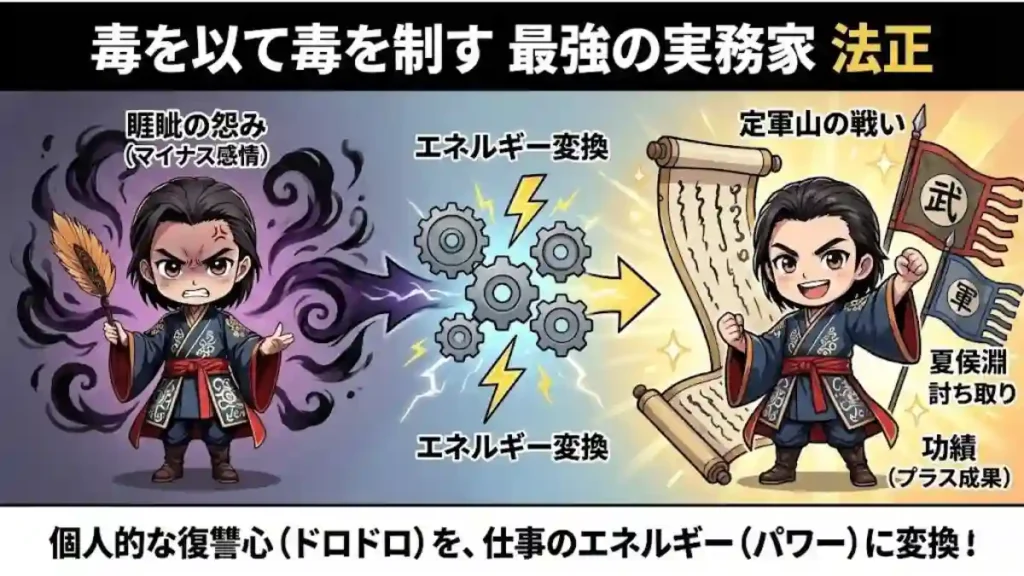 法正が「睚眦の怨み(個人的な復讐心)」を仕事のエネルギーに変換し、定軍山の戦いで功績を挙げる様子を描いた図解。左の暗い怨念から、右の輝かしい成果へと昇華するプロセスを漫画風ちびキャラで表現。「毒を以て毒を制す」最強の実務家の本質を解説したインフォグラフィック。
