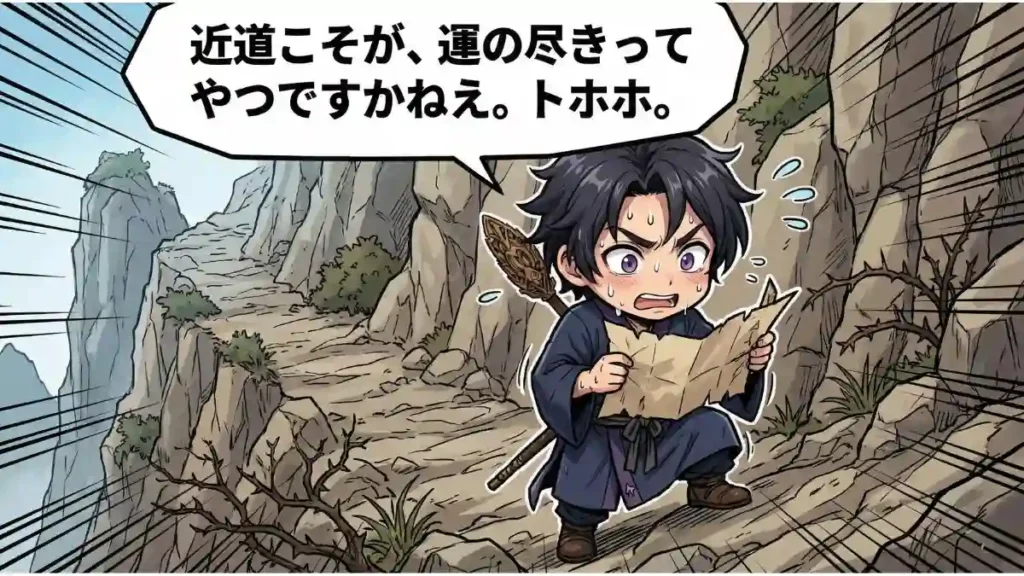 険しい山道を歩く三国志の軍師・龐統の2Dアニメ風ちびキャライラスト。黒髪に紫の瞳、紺色の道服を着た彼は、片手に地図を持ち、予想外の難所に滝のような汗をかいて焦っている。背景は危険な崖道で、頭上には「近道こそが、運の尽きってやつですかねえ。トホホ。」という吹き出しがある。