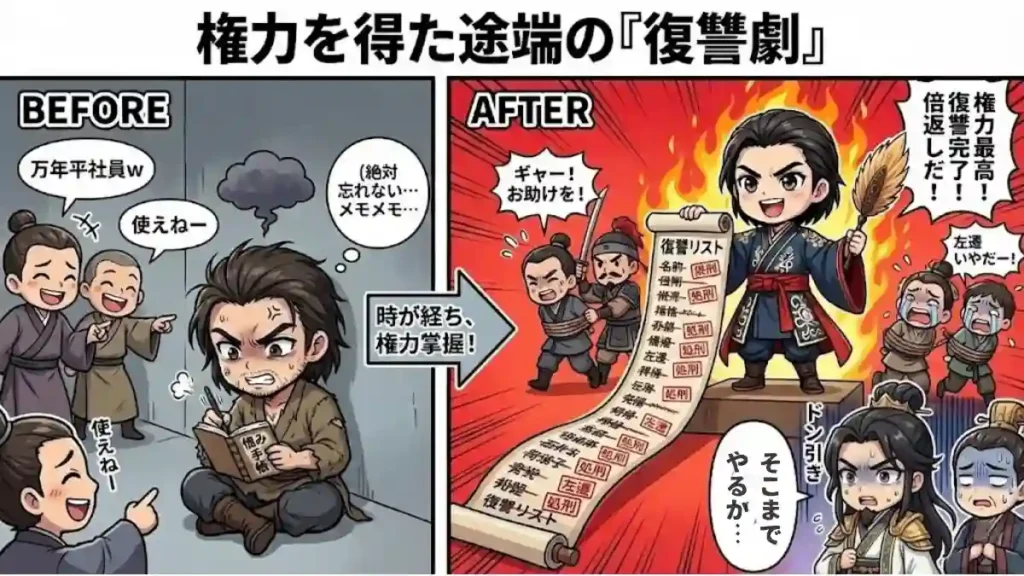 漫画風のビフォーアフター図。左コマは不遇時代の法正が周囲に嘲笑されながら、怒りの表情で「恨み手帳」に記録する姿。右コマは権力を得た法正が「復讐リスト」を広げ、炎を背景に徹底的な報復を行う様子。孔明が冷や汗をかいて「そこまでやるか…」とドン引きしている。法正の執念深さと復讐劇をコミカルに描いたイラスト。