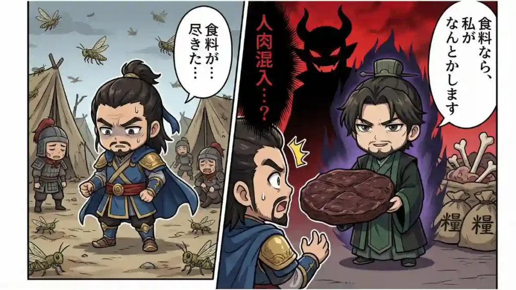 漫画風の2コマ漫画。左コマではイナゴの被害で食料が尽き、絶望する曹操軍。右コマでは、程昱が怪しげな干し肉を曹操に差し出し、「食料なら、私がなんとかします」と提案。背後には悪魔の影と「人肉混入…?」の文字があり、軍を維持するために禁断の手段を使った程昱の冷徹な合理性と腹黒さを表現している。