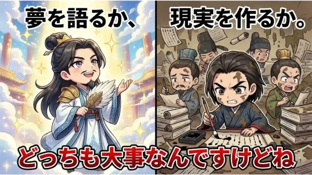 左右に対比されたちびキャラアニメ風イラスト。左側は、光り輝く背景の中で扇を持つ孔明と「夢を語るか、」の文字。右側は、泥だらけの部屋で書類の山と格闘する法正たちと「現実を作るか。」の文字。下部には「どっちも大事なんですけどね」と大きく書かれ、理想を語る軍師(孔明)と実務を担う能吏(法正)の役割の違いと、組織における両者の重要性を表現している。