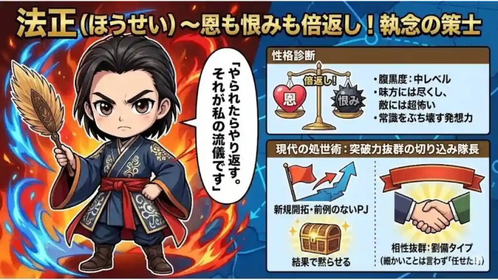 三国志の法正(ほうせい)の性格診断インフォグラフィック。「恩も恨みも倍返し!執念の策士」と題し、ちびキャラの法正が「やられたらやり返す」と語る。性格は「腹黒度中レベル」で、味方に尽くし敵には容赦ない。現代の処世術では「突破力抜群の切り込み隊長」として、新規開拓で結果を出すタイプ。劉備のような上司と好相性。