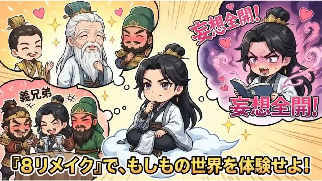 孔明が『三國志8リメイク』で実現できる歴史の「もしも」を妄想して楽しんでいるイラストです。長生きして仲間と過ごす幸せな未来や、推し武将との義兄弟イベントなど、プレイヤーの願望を叶える多彩なドラマが本作の魅力であることを表現しています。