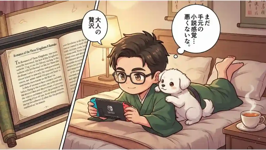 眼鏡の男性がベッドに寝転がり、白い子犬と一緒にNintendo Switchで『三國志8 リメイク』をプレイしている漫画風イラスト。画面の小さな文字を「手元の小説感覚」と捉え、リラックスした大人の贅沢な時間を楽しんでいる様子が描かれています。