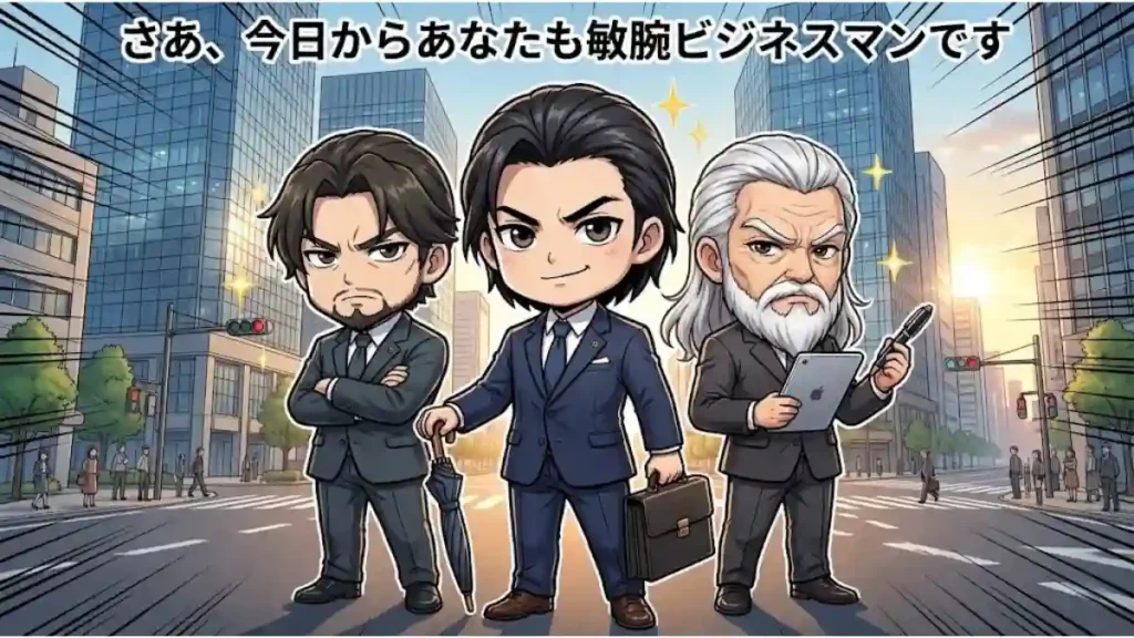 現代のオフィス街を背景に、三国志の軍師・法正、程昱、張昭の3人が、凛々しい現代のスーツ姿で並ぶ2Dアニメ調のちびキャライラスト。それぞれの特徴的な髪型や持ち物はそのままに、意外なほどスーツを着こなしている。画面には「さあ、今日からあなたも敏腕ビジネスマンです」という前向きなテキストが添えられている。