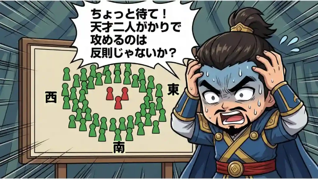 作戦盤を前に頭を抱え、大量の冷や汗を流して焦る曹操の漫画風ちびキャライラスト。背後の地図では、中央の赤駒(魏)が西と南の緑駒(蜀)に完全に包囲されています。「ちょっと待て!天才二人がかりで攻めるのは反則じゃないか?」という吹き出しがあり、龐統が生きていた場合の魏の絶体絶命な状況をユーモラスに描いています。