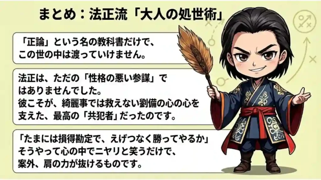 三国志・法正のちびキャライラスト付き図解。「まとめ：法正流・大人の処世術」として、正論だけでは渡れない世の中を生き抜くヒントを提示。単なる悪辣な参謀ではなく、劉備の心を支えた最高の「共犯者」としての法正の魅力を解説したインフォグラフィック。